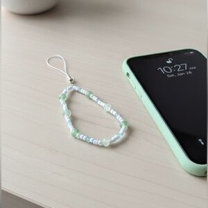 Mint/Aqua Handmade Beaded Phone Charm Wristlet Elastic Functional Strap